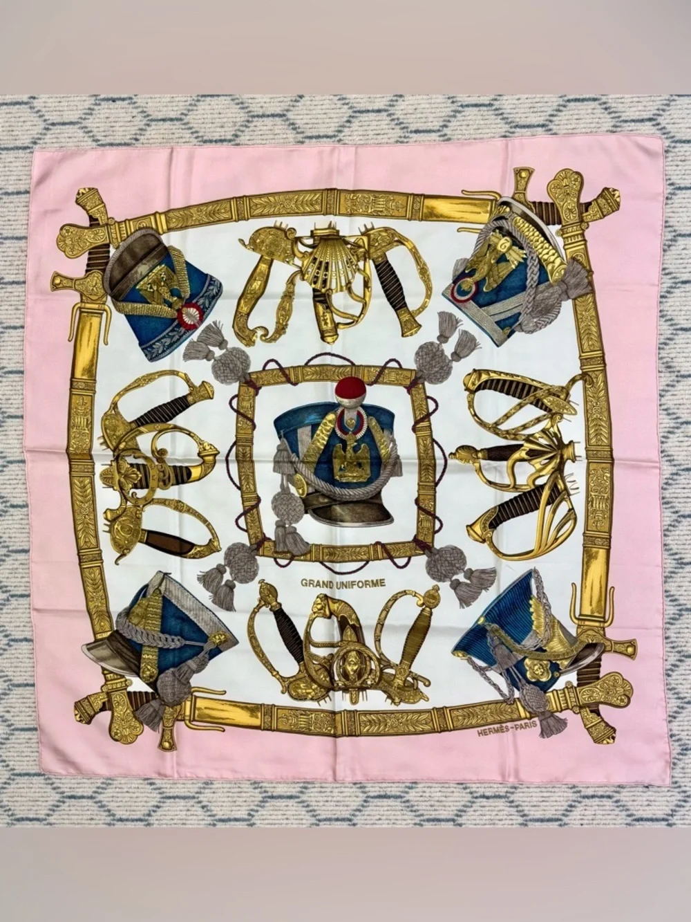 HERMES Vintage Rare Collectors Carre 90 “Grand Uniforme” 100% Silk Pink Scarf - Picture 2 of 15